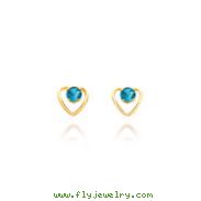 14K Gold 3mm Blue Zircon Birthstone Heart Earrings
