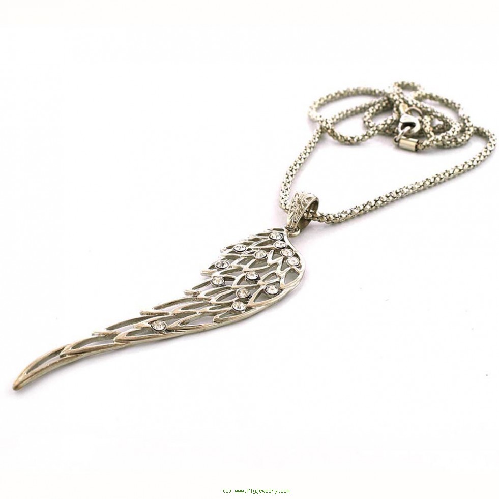 Fashion Jewelry Silver-Tone Wing Necklace with Clear Rhinestones