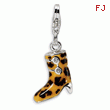 Sterling Silver White Cubic Zirconia Enameled Leopard Print Boot With Lobster Clasp Charm