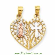 10k Two-tone CZ Religious Break-apart Heart Pendant