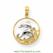 14K & Rhodium Double Dolphins in Circle Pendant