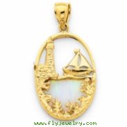 14K Created Opal Lighthouse & Sailboat Pendant