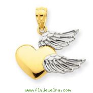 14K Gold  And Rhodium Heart With Wings Pendant