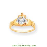 14K Gold CZ March Birthstone Claddagh Heart Ring