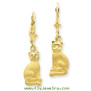 14K Gold Satin Cat Dangle Leverback Earrings