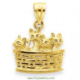 14k Solid Polished 3-Dimensional Kittens in Basket Pendant