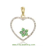 14K Thin Heart Outline Emerald Floral Design Diamond Pendant