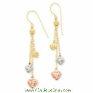 14k Tri-color Puff Heart Dangle Earrings
