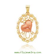 14K Two-Tone "Best Mom" Heart Oval Pendant