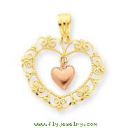 14K Two-Tone Gold Rose Filigree Heart Pendant