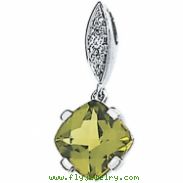 14K White Gold 07.00x07.00 Genuine Peridot And Diamond Pendant