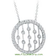 14K White Gold .50ct Diamond Circle With Vertical Bars Pendant On Cable Chain Necklace