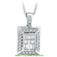 14K White Gold Baguette, Round & Princess Cut .45ct Diamond Rectangle Pendant On Cable Chain Necklac