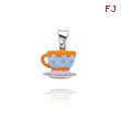 14K White Gold Blue & Orange Enameled Cup & Saucer Pendant