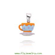 14K White Gold Blue & Orange Enameled Cup & Saucer Pendant