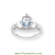 14K White Gold CZ March Birthstone Claddagh Heart Ring