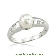 14K White Gold Diamond & Cultured Pearl Ring