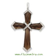 14K White Gold Diamond & Smokey Quartz Cross Pendant