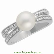 14K White Gold Freshwater Cultured Pearl & Diamond Ring