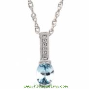 14K White Gold Genuine Aquamarine And Diamond Pendant