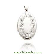 14K White Gold Large Oval-Shaped Floral Trim Locket