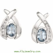 14K White Gold Pair 6x4 Genuine Aquamarine And Diamond Earring