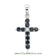 14K White Gold Round Blue Sapphire & Diamond Cross Pendant