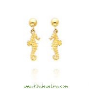 14K Yellow Gold 3D Seahorse Dangle Post Earrings