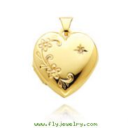 14K Yellow Gold Domed Heart-Shaped Floral Design & Diamond Family Locket