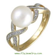 14K Yellow Gold Fresh Water Pearl With Diamonds Ring