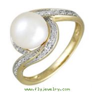 14K Yellow Gold Fresh Water Pearl With Diamonds Ring