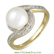 14K Yellow Gold Fresh Water Pearl With Diamonds Ring