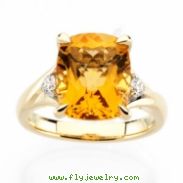 14K Yellow Gold Genuine Checkerboard Citrine And Diamond Ring