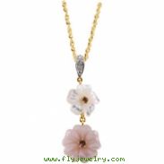 14K Yellow Gold Genuine Pink Touramline Mother Of Pearl And Diamond Pendant On 18 Solid Rope Chain""