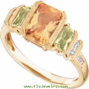 14K Yellow Gold Peridot Genuine Citrine And Diamond Ring