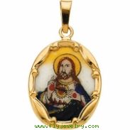 14K Yellow Gold Porcelain Sacred Heart Pendant