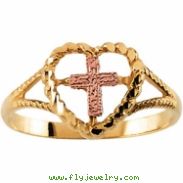 14K Yellow Gold Rose Cross Heart Ring