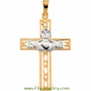 14K Yellow White Gold Two Tone Claddagh Cross Pendant