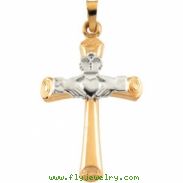 14K Yellow White Gold Two Tone Claddagh Cross Pendant