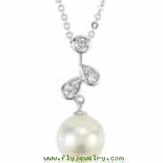 14kt White NECKLACE Complete with Stone 18.00 INCH DROP 08.00 MM PEARL Polished 1/10CTW DIA AND PEAR