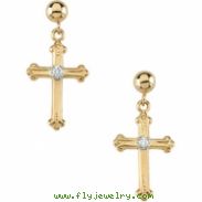 14kt Yellow PAIR 15.00X10.50 MM Polished CROSS & BALL DANGLE EAR W/DI