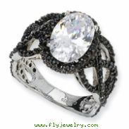 Black-plated Sterling Silver Fancy Oval Black/Wht CZ Ring
