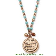 Copper-tone Aqua Beads Peace Pendant 16" With Extension Necklace