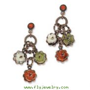 Copper-tone Green, Orange & Ivory Enamel Flowers Post Earrings