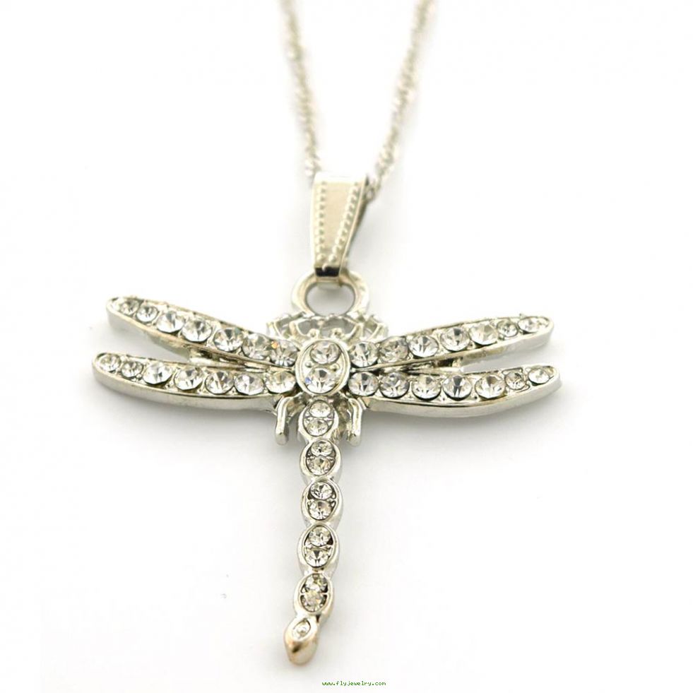 Fashion Jewelry Silver-Tone Dragonfly Necklace with Clear Rhinestones