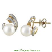 Fresh Water Pearl with Diamond Yellow Gold Earrings