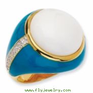 Gold-plated Sterling Silver Blue Enam Simul. Wht Agate & CZ Ring
