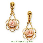 Gold-Tone Pink Porcelain Rose Filigree Drop Post Earrings