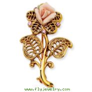 Gold-Tone Pink Porcelain Rose Pink Crystal Pin