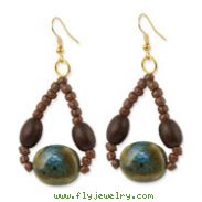 Gold-tone With Natural Wood & Ceramic 2.25" Dangle Earrings